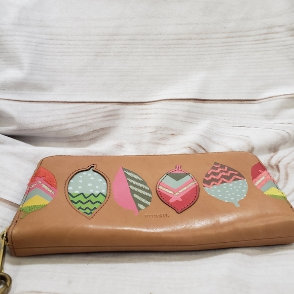 Fossil Boho Fall Leaves Camel Brown Leather Zip Wallet Wristlet READ 8" 2016 - Picture 7 of 15